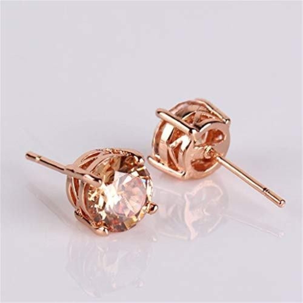 Champagne Cubic Zirconia Rose Gold Tone Round Solitaire Stud Earrings‎